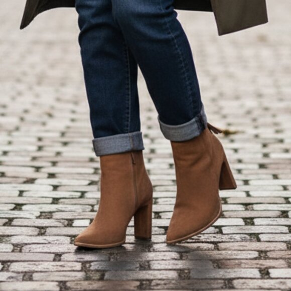 NWOT Kaanas Cologne Suede High Heeled Boot in Caramel - Picture 1 of 12